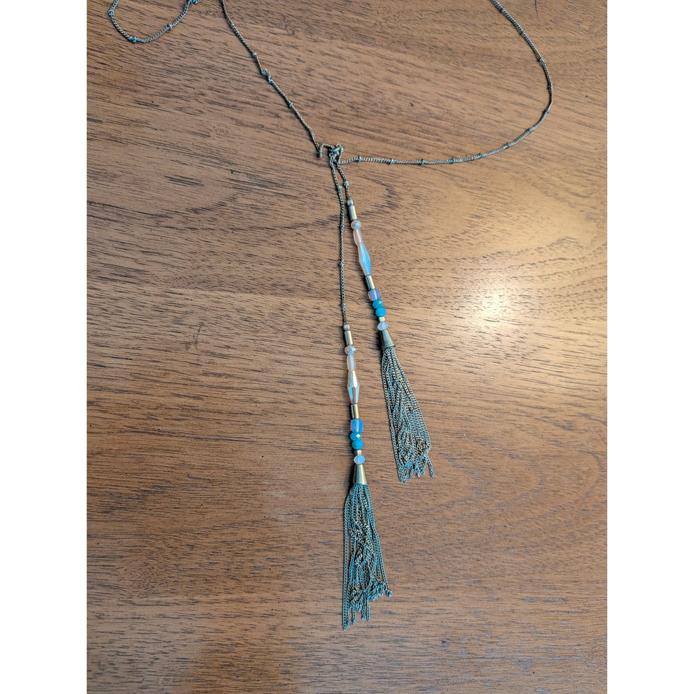 LOFT Silver Beaded Double Tassel Lariat Necklace Blue Opalescent